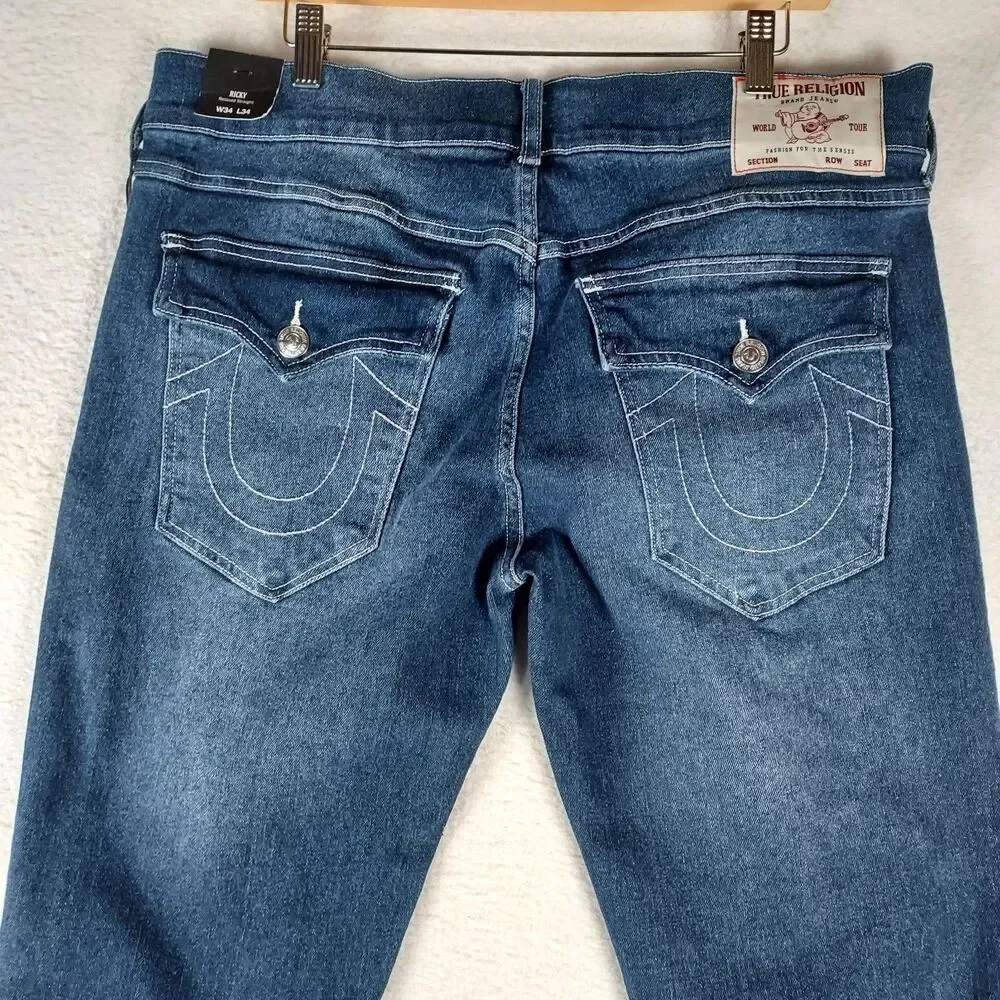 True Religion Ricky Relaxed Straight Jeans Medium Flake Blue Denim 34x34 NWT